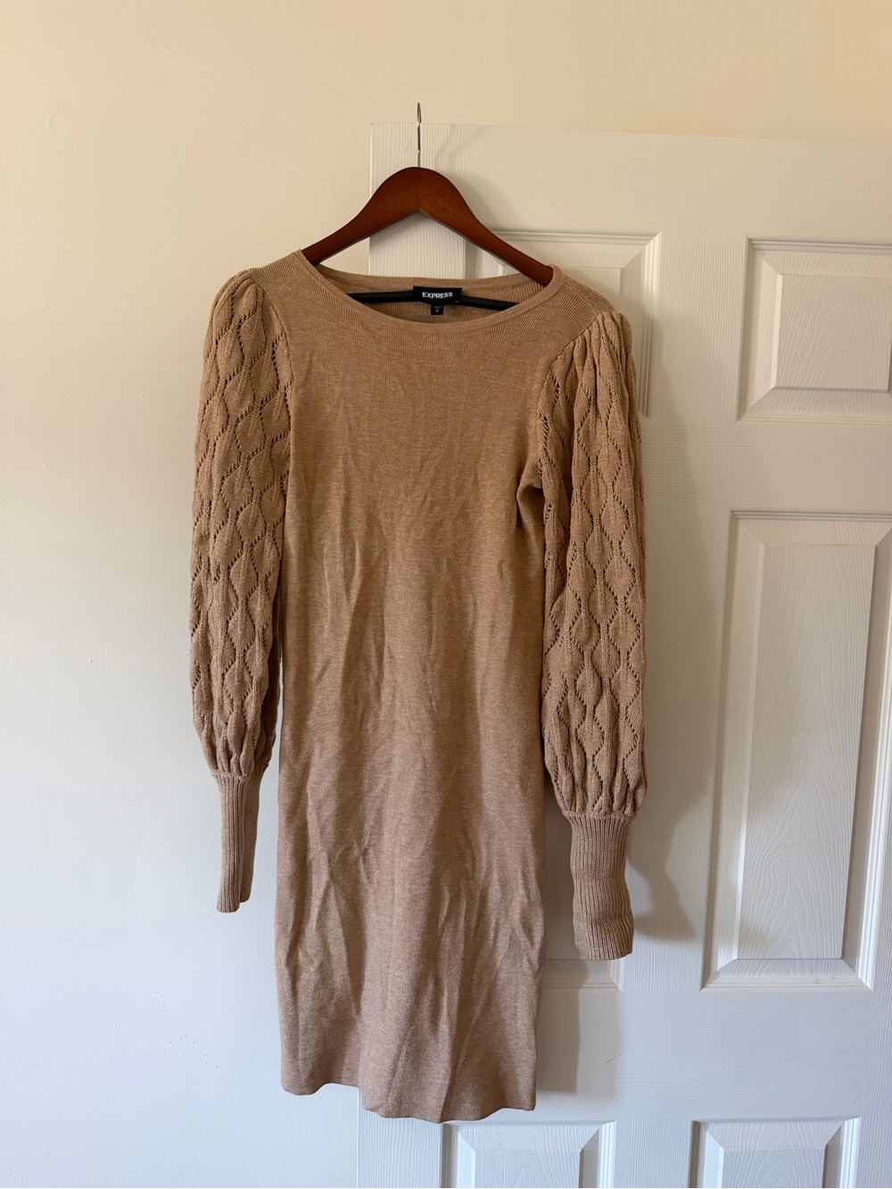 Express Tan Knit Puff-Sleeve Sweater Dress